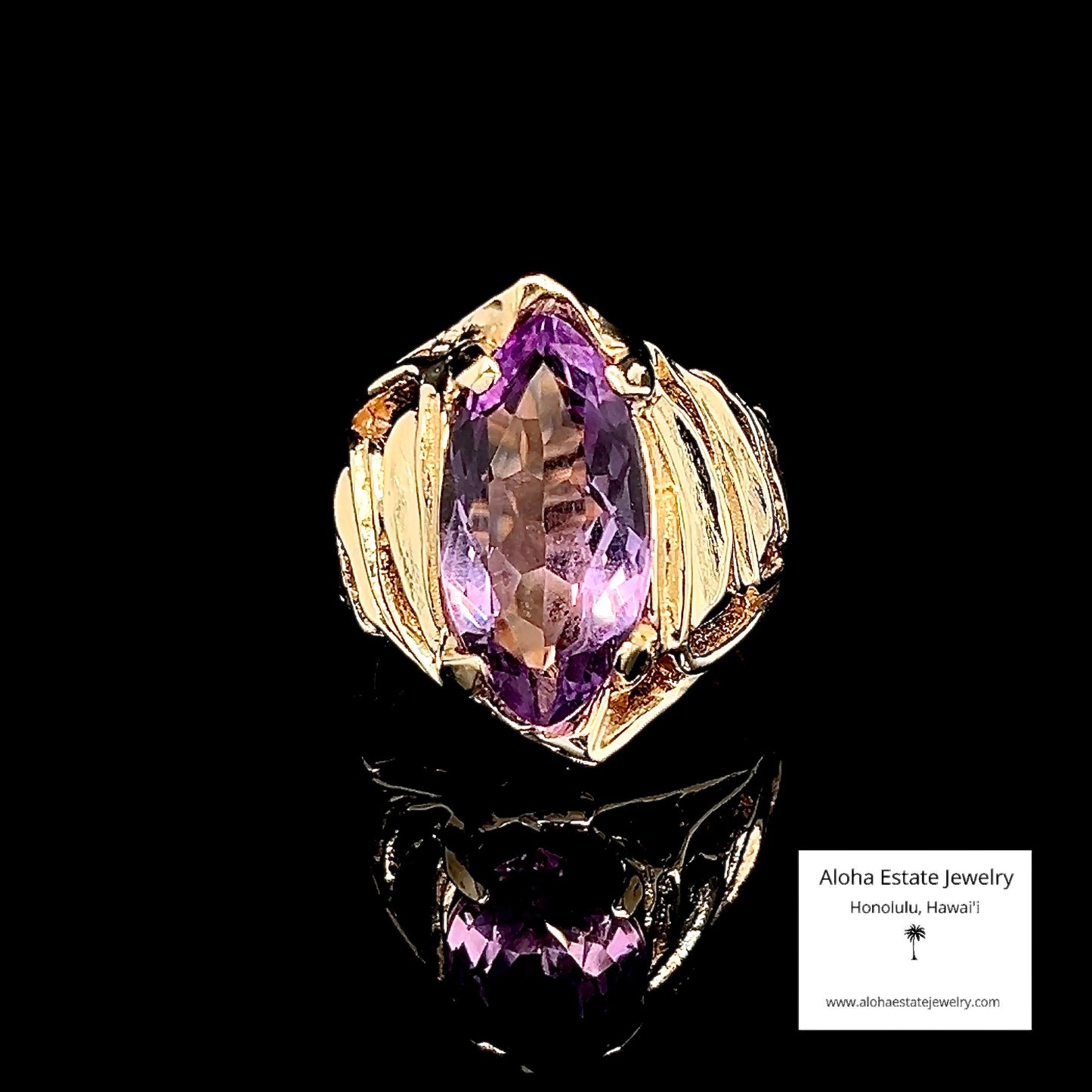 Hawaiian Custom 14k Yellow Gold Ti Leaf & Lavender Amethyst Statement Ring