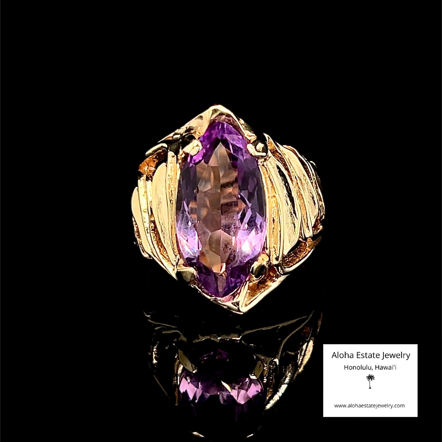 Hawaiian Custom 14k Yellow Gold Ti Leaf & Lavender Amethyst Statement Ring