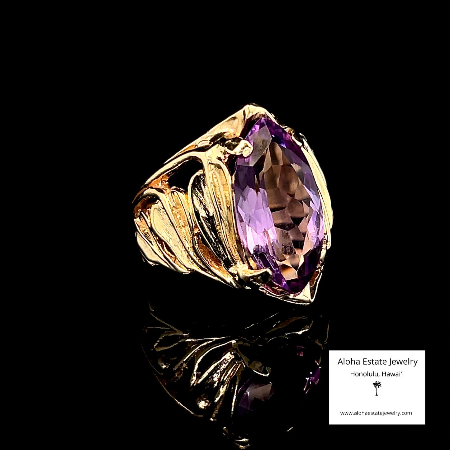 Hawaiian Custom 14k Yellow Gold Ti Leaf & Lavender Amethyst Statement Ring