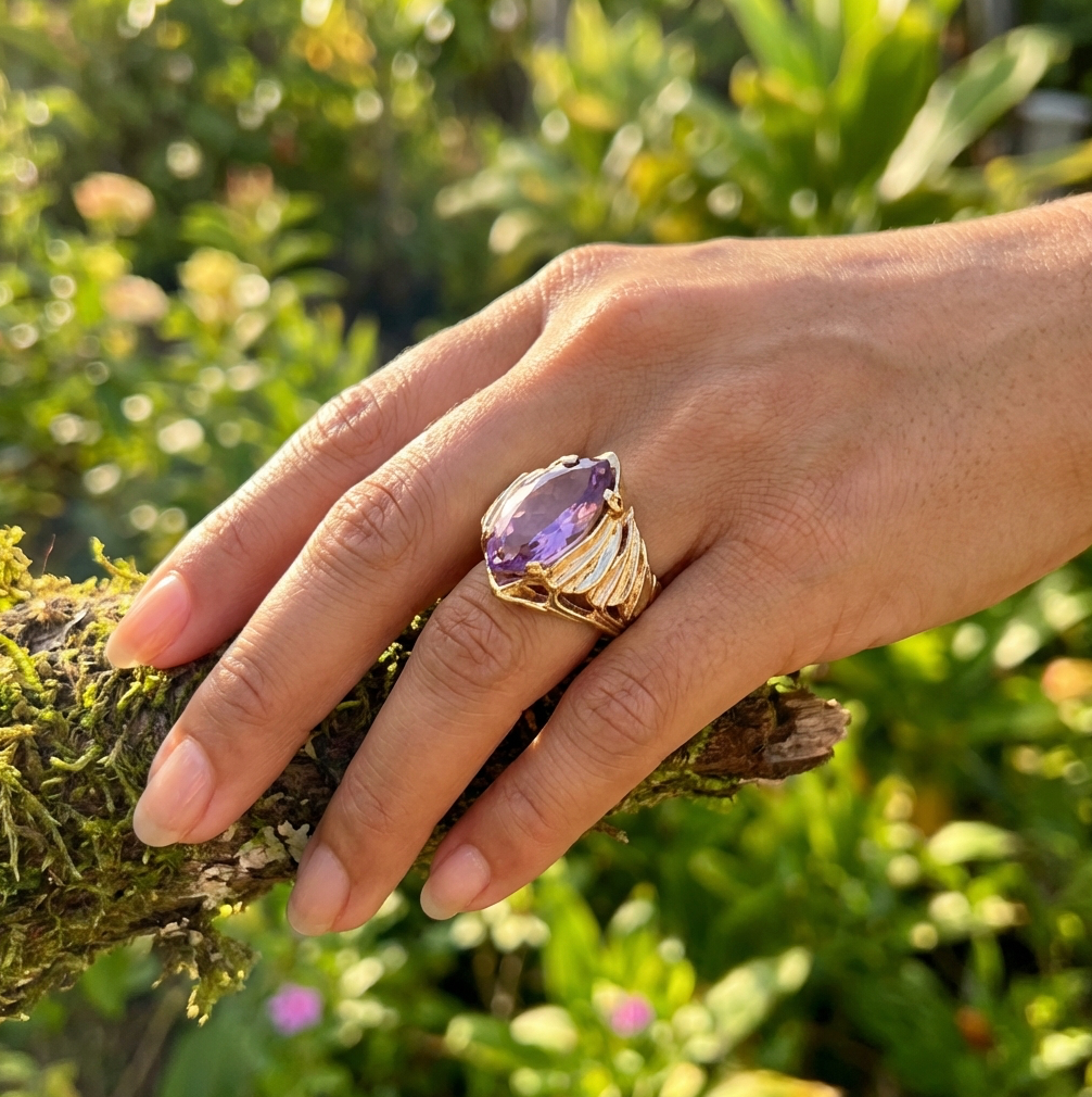 Hawaiian Custom 14k Ti Leaf & Lavender Amethyst Ring