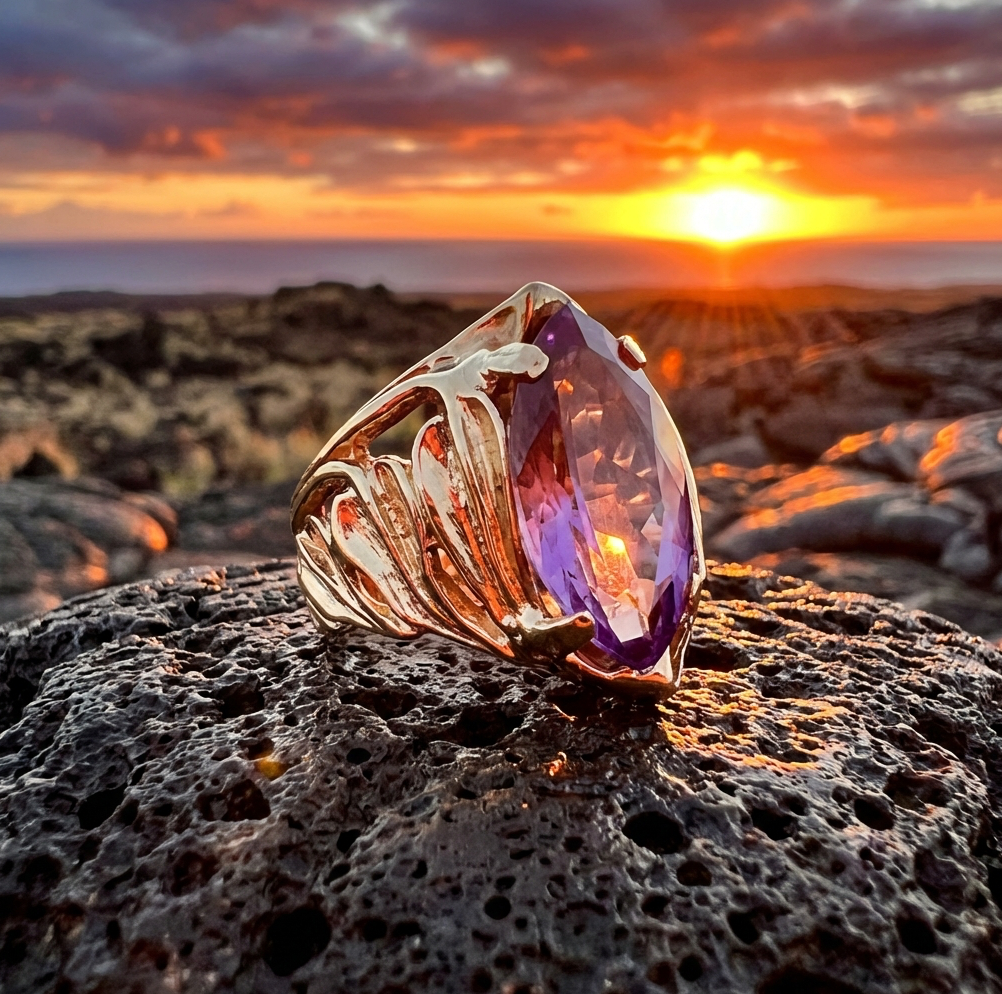 Hawaiian Custom 14k Ti Leaf & Lavender Amethyst Ring