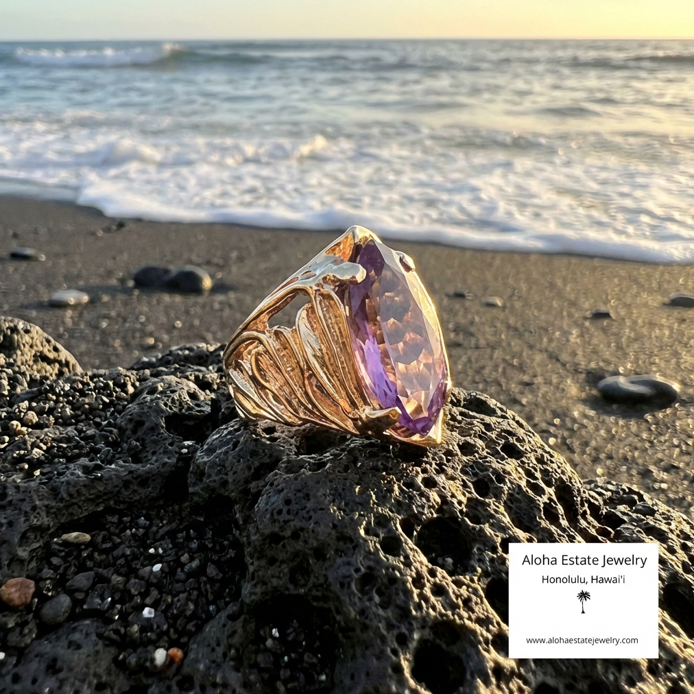 Hawaiian Custom 14k Ti Leaf & Lavender Amethyst Ring