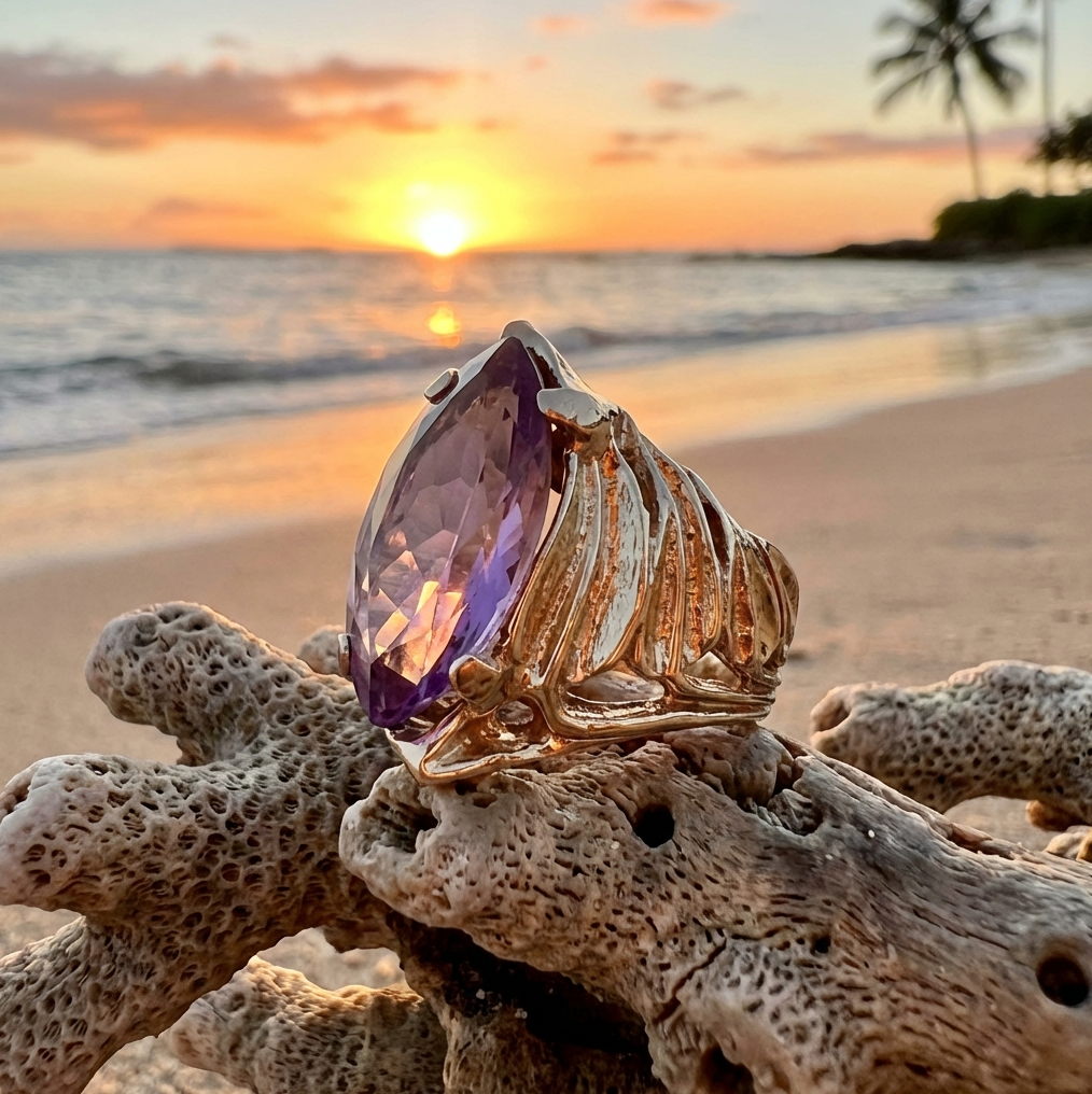 Hawaiian Custom 14k Ti Leaf & Lavender Amethyst Ring