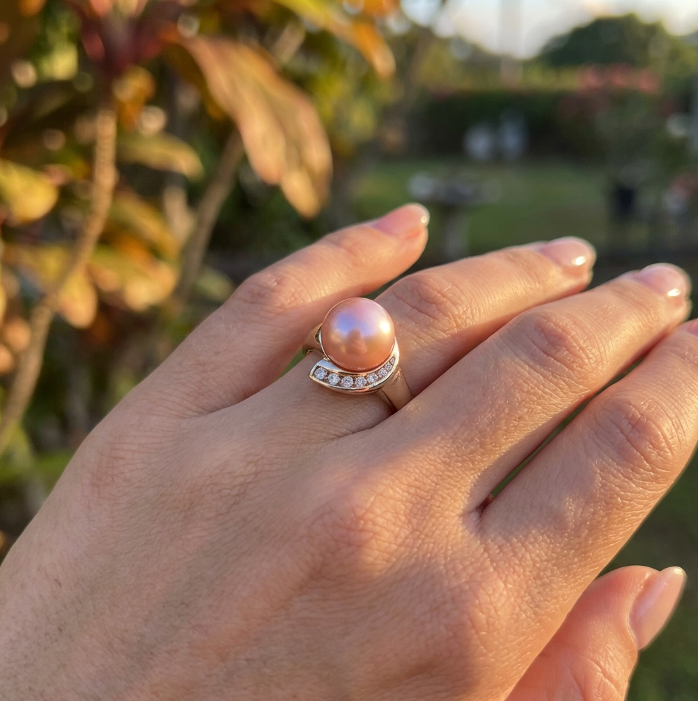 Estate 14k Rose-Pink Fiji Pearl & Diamond Ring