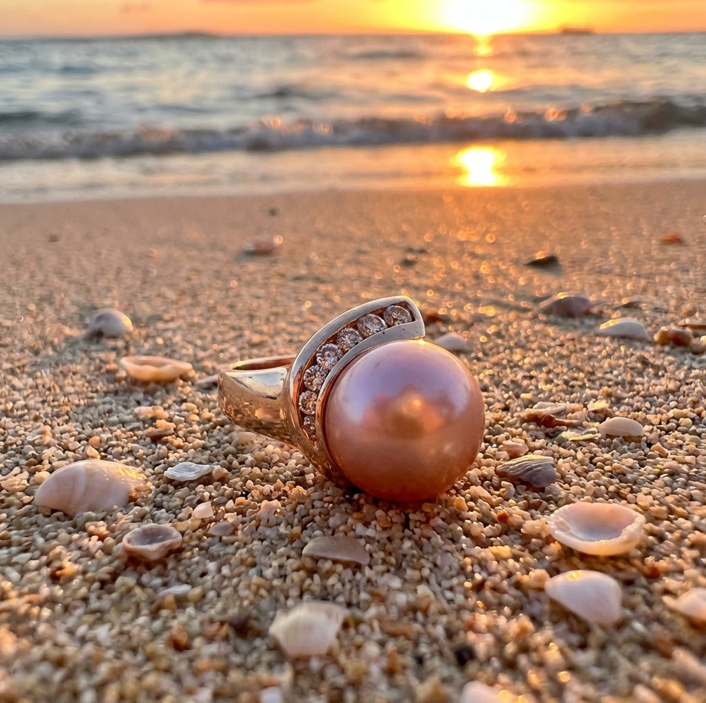 Estate 14k Rose-Pink Fiji Pearl & Diamond Ring