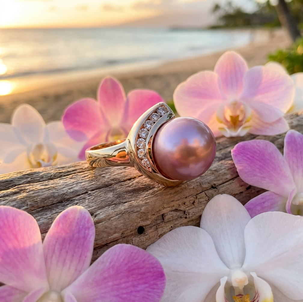Estate 14k Rose-Pink Fiji Pearl & Diamond Ring
