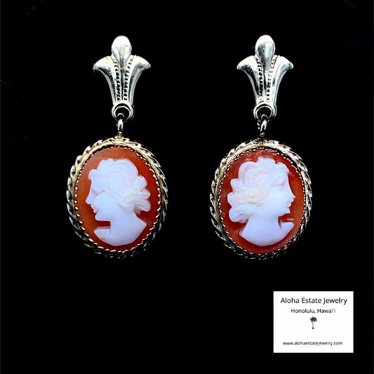 Vintage 14k Hand Carved Cameo Dangle Earrings