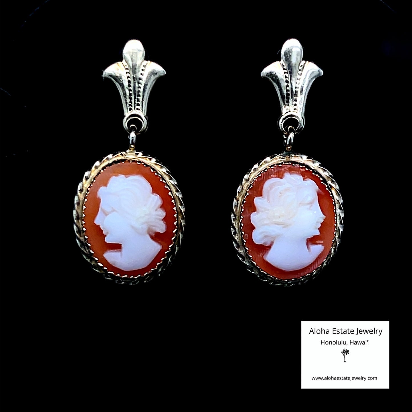 Vintage 14k Hand Carved Cameo Dangle Earrings