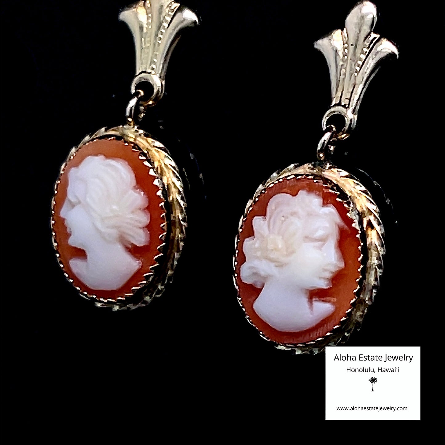 Vintage 14k Hand Carved Cameo Dangle Earrings