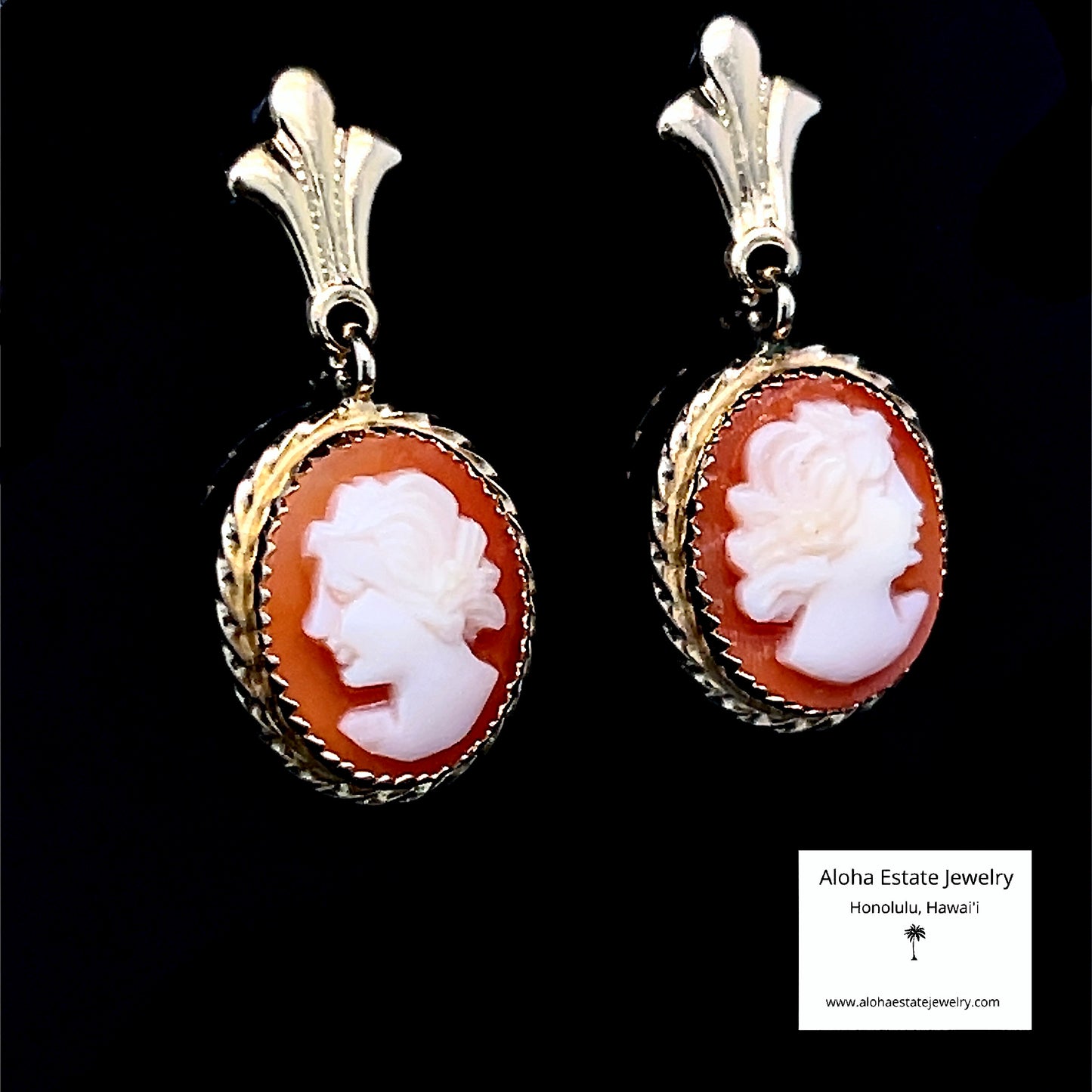Vintage 14k Hand Carved Cameo Dangle Earrings