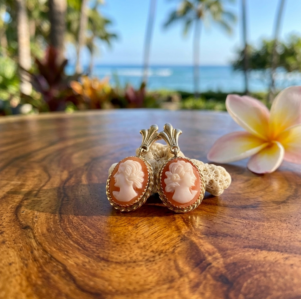 Vintage 14k Hand Carved Cameo Dangle Earrings