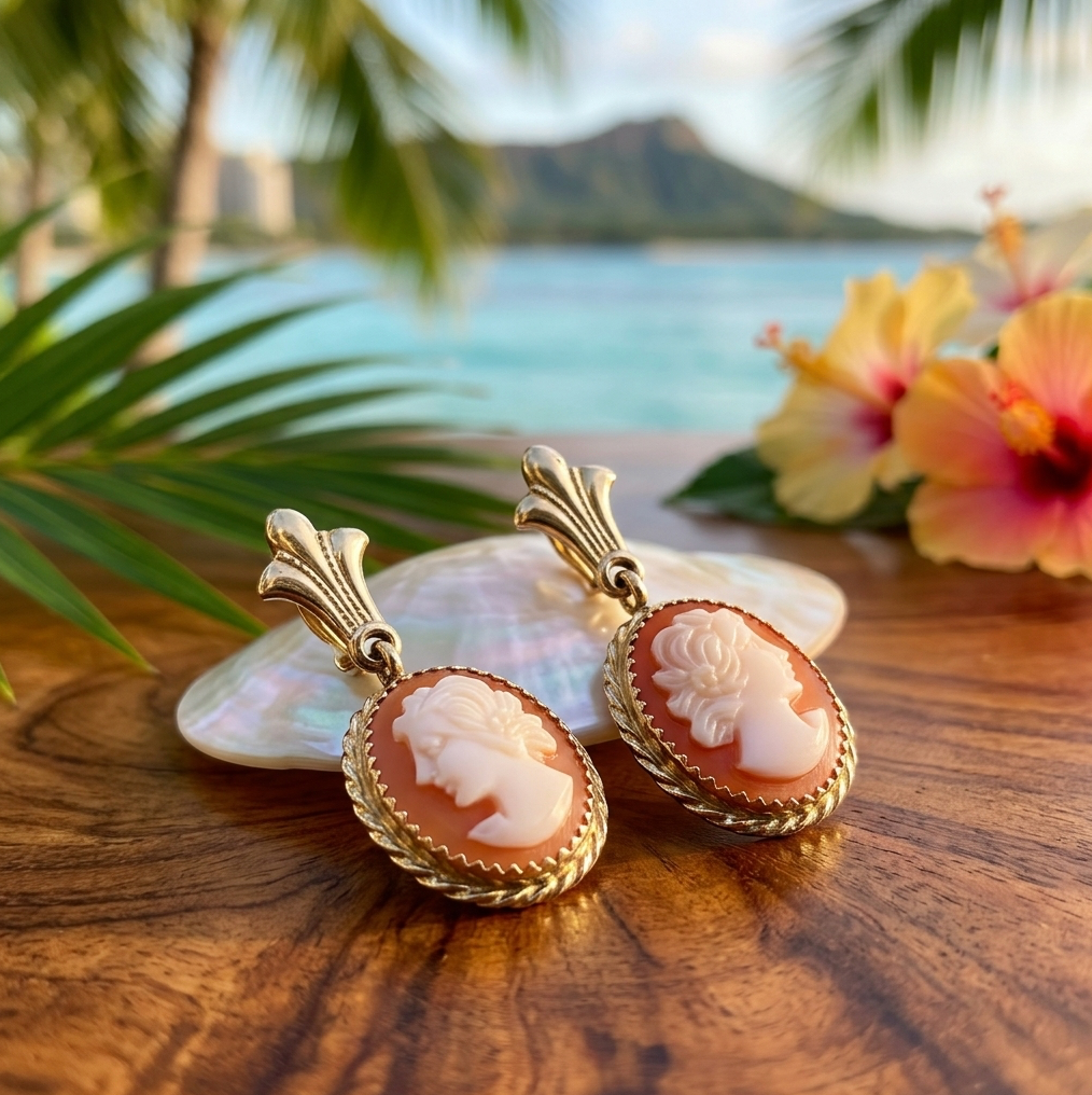 Vintage 14k Hand Carved Cameo Dangle Earrings