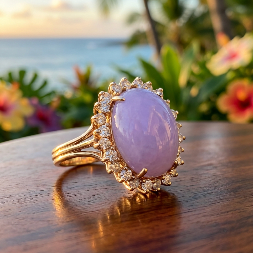 14-Carats Lavender Jade and 1.75-Carats Diamonds Ring