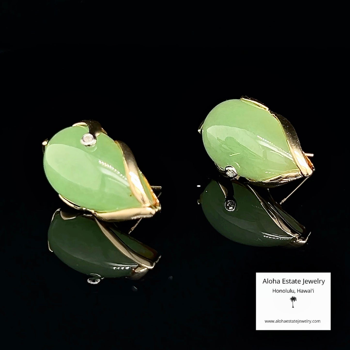 Vintage 14k Jadeite & Diamond Omega Clip Earrings