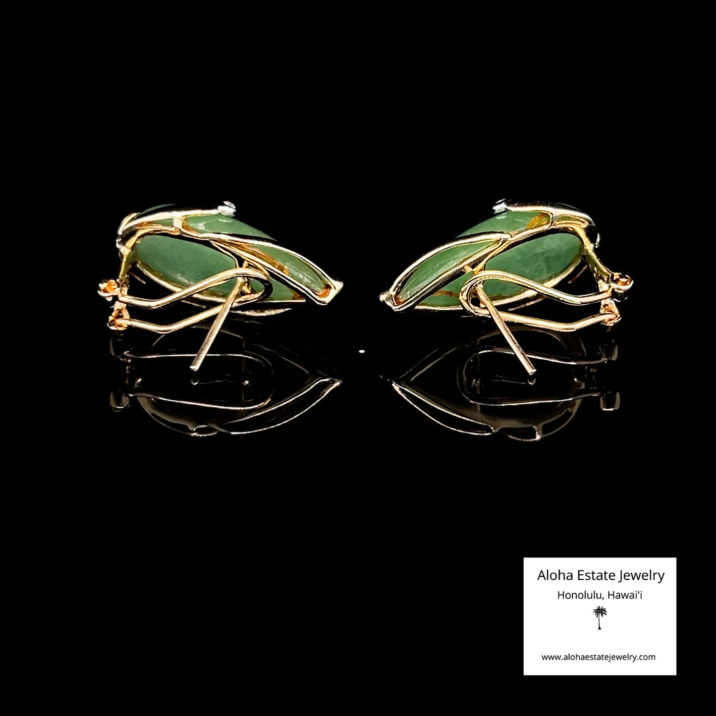 Vintage 14k Jadeite & Diamond Omega Clip Earrings