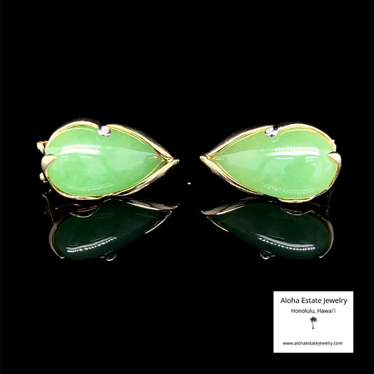 Vintage 14k Jadeite & Diamond Omega Clip Earrings