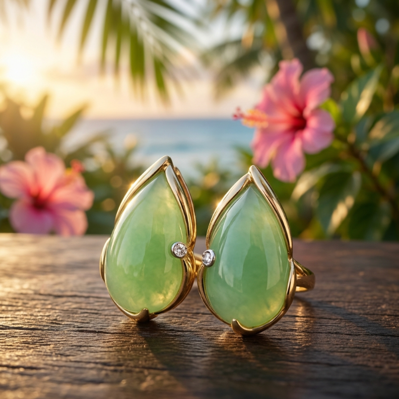 Vintage 14k Jadeite & Diamond Omega Clip Earrings