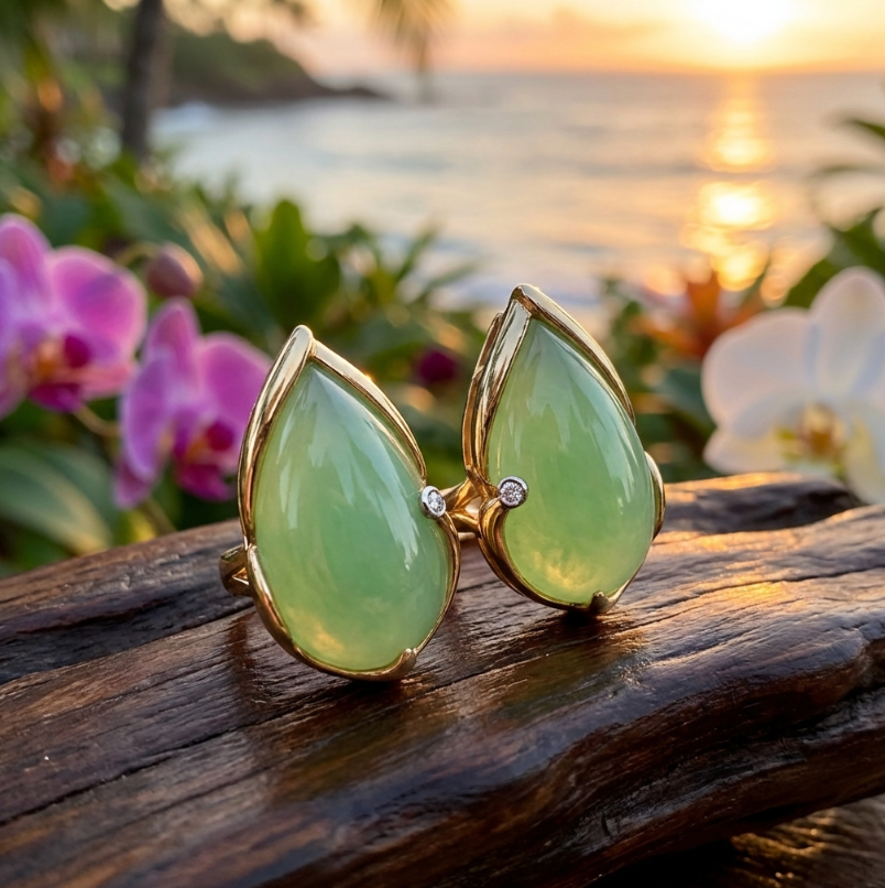 Vintage 14k Jadeite & Diamond Omega Clip Earrings