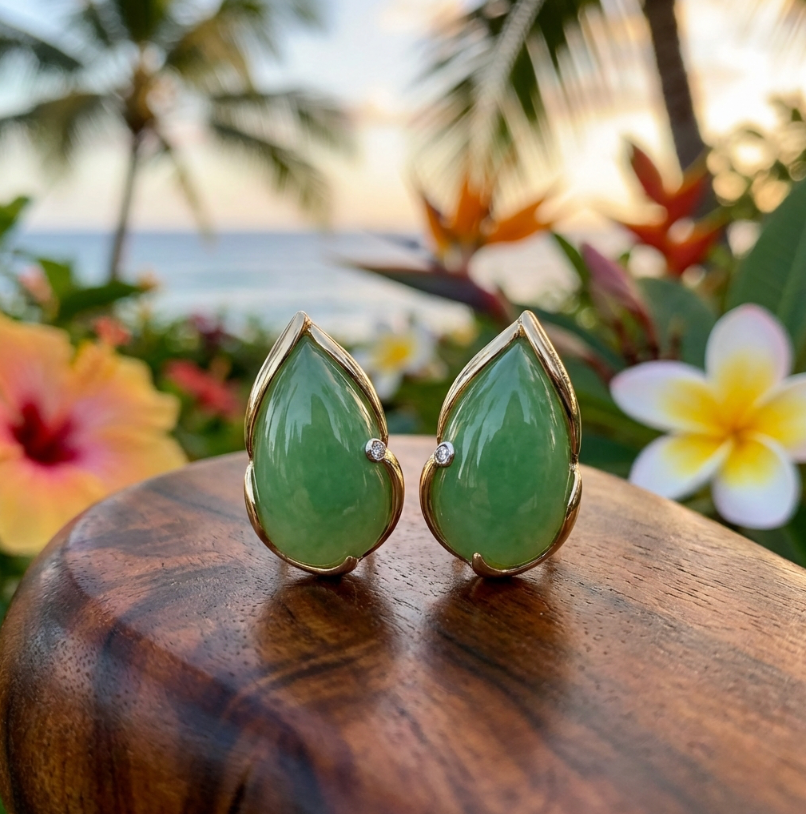 Vintage 14k Jadeite & Diamond Omega Clip Earrings