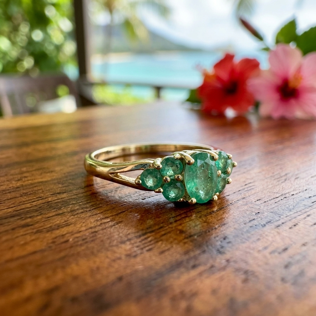 Oval & Round 14K Emerald Cluster Ring