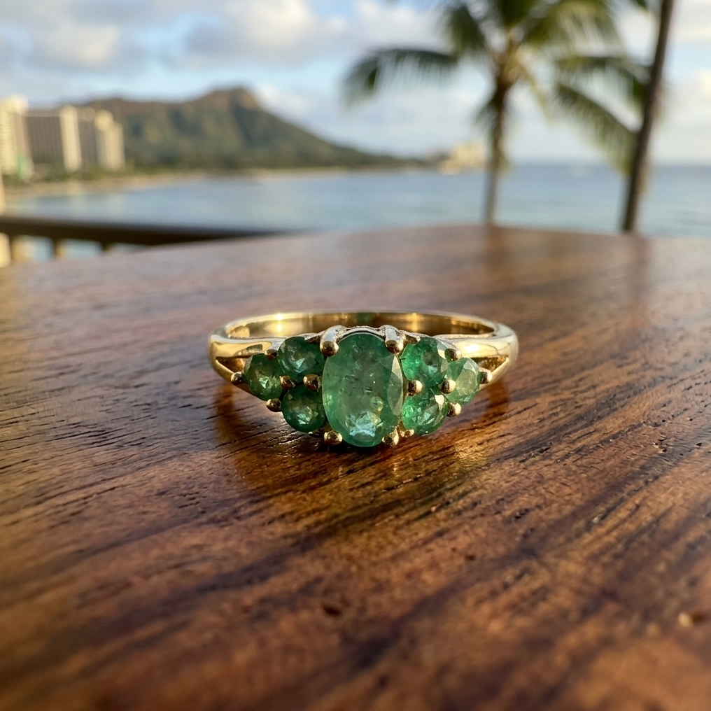 Oval & Round 14K Emerald Cluster Ring