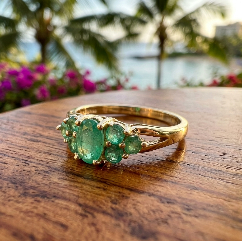 Oval & Round 14K Emerald Cluster Ring