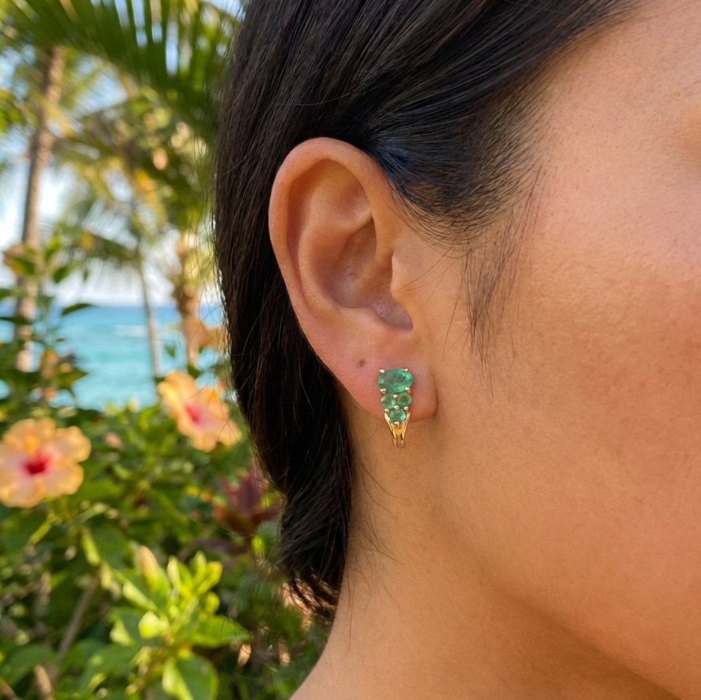 Natural Emerald Cluster Earrings in 14K Yellow Gold