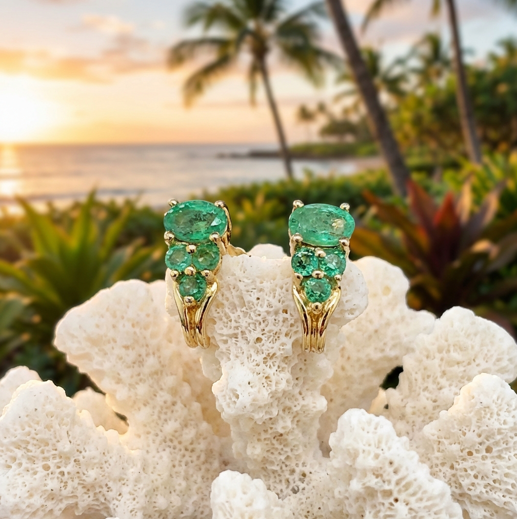 Natural Emerald Cluster Earrings in 14K Yellow Gold
