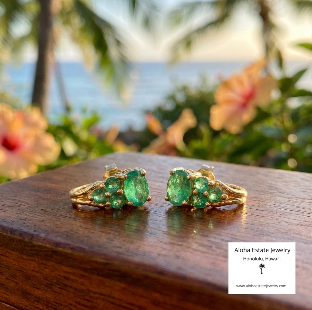 Natural Emerald Cluster Earrings in 14K Yellow Gold
