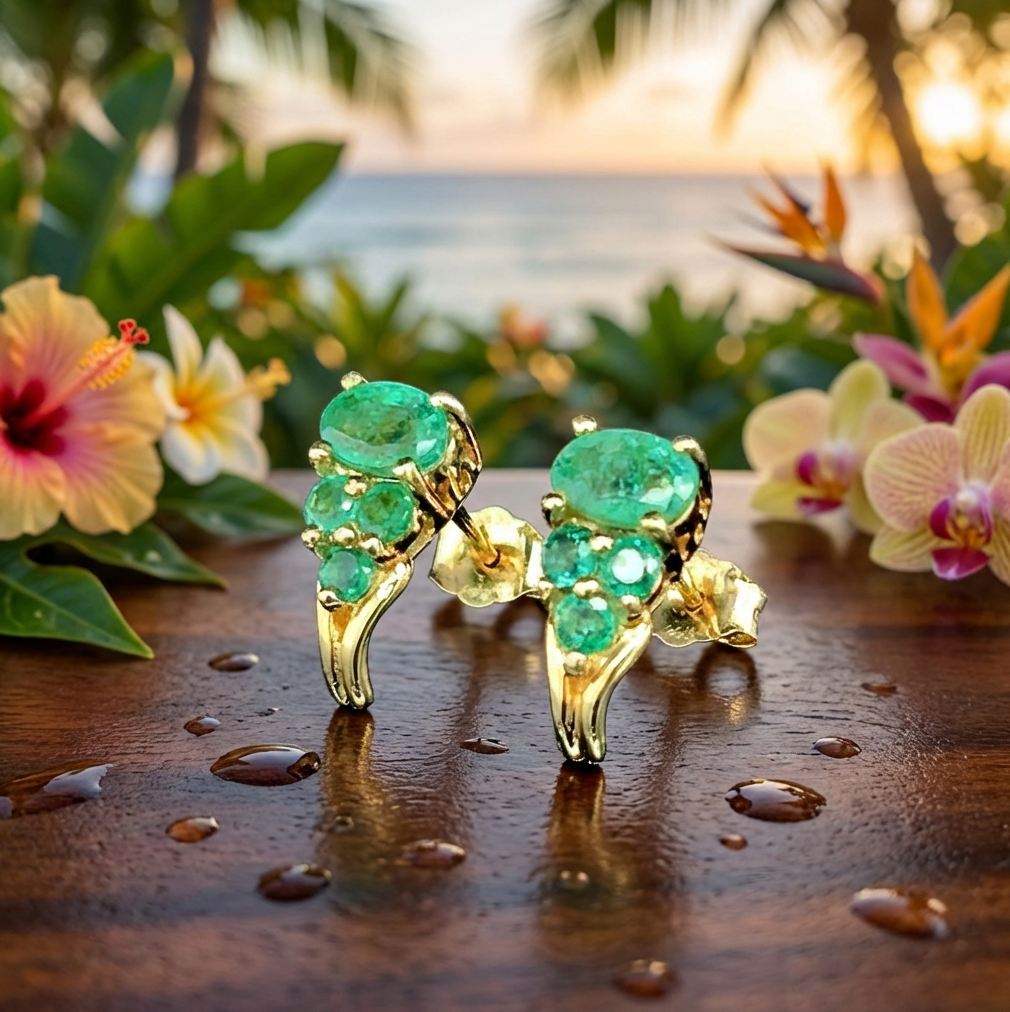 Natural Emerald Cluster Earrings in 14K Yellow Gold