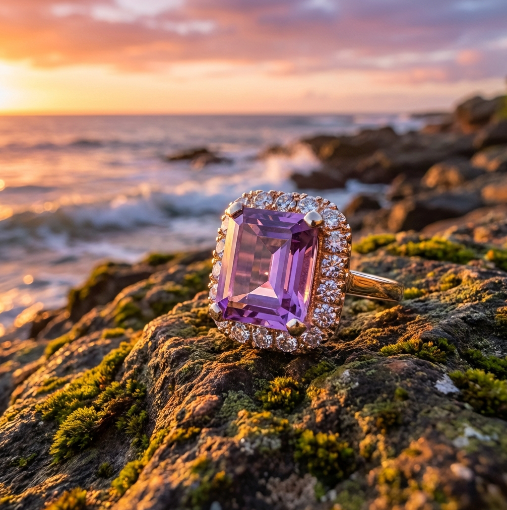 Vintage 9-Carats Amethyst & 1-Carat Diamonds Ring