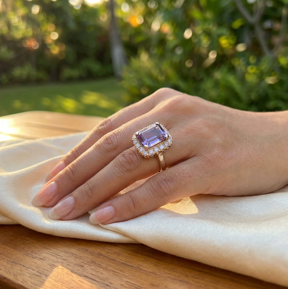 Vintage 9-Carats Amethyst & 1-Carat Diamonds Ring