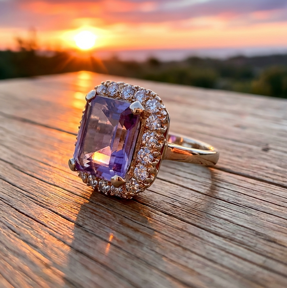Vintage 9-Carats Amethyst & 1-Carat Diamonds Ring