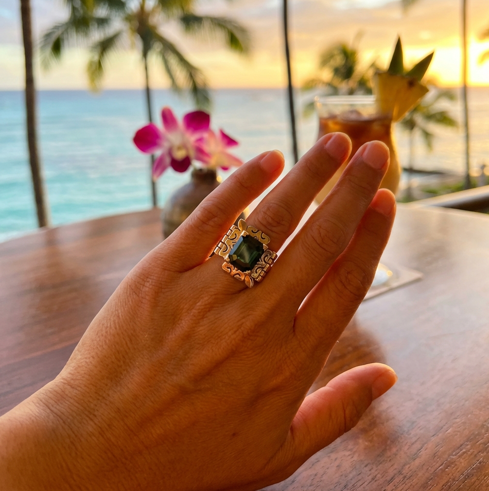 14k 6.50-Carats Verdelite Tourmaline Retro Statement Ring