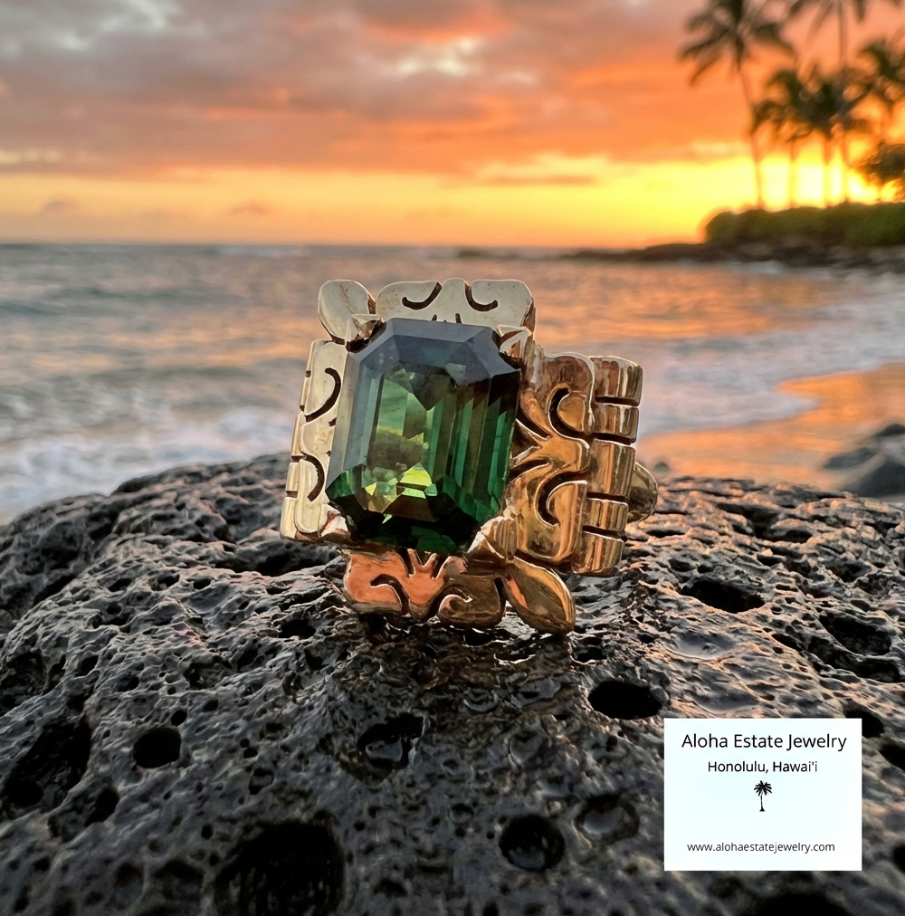 14k 6.50-Carats Verdelite Tourmaline Retro Statement Ring