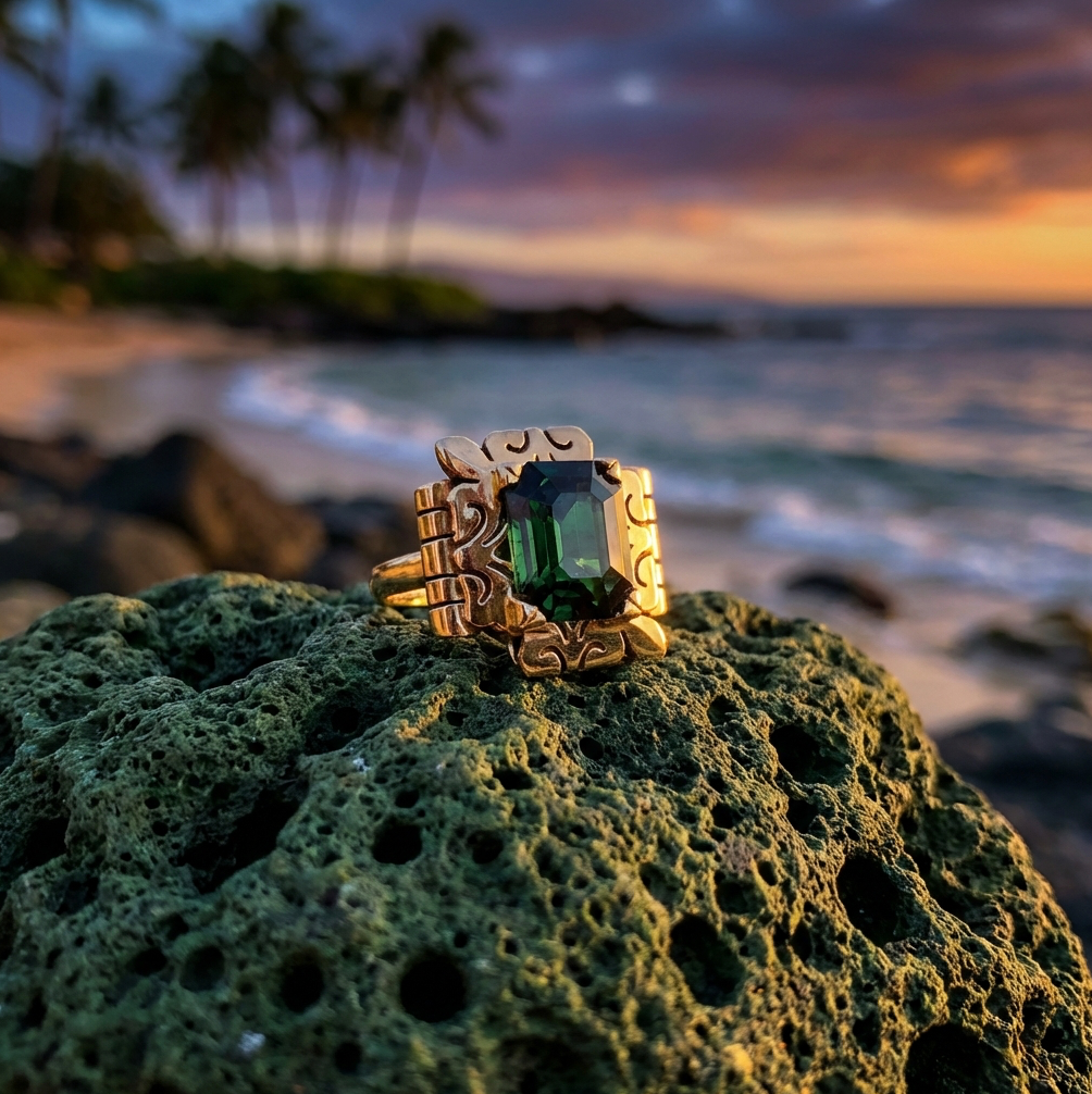 14k 6.50-Carats Verdelite Tourmaline Retro Statement Ring