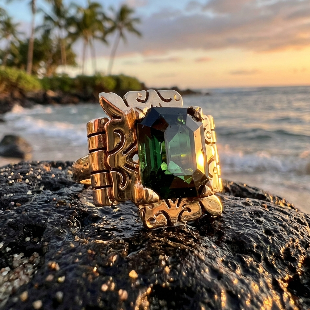 14k 6.50-Carats Verdelite Tourmaline Retro Statement Ring