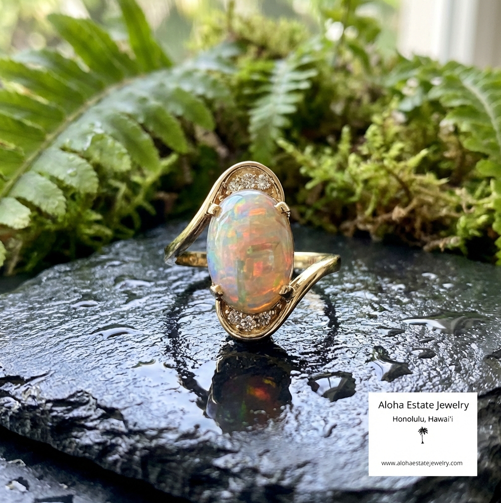 Lightning Ridge Diamond-Accented Dark Opal Ring