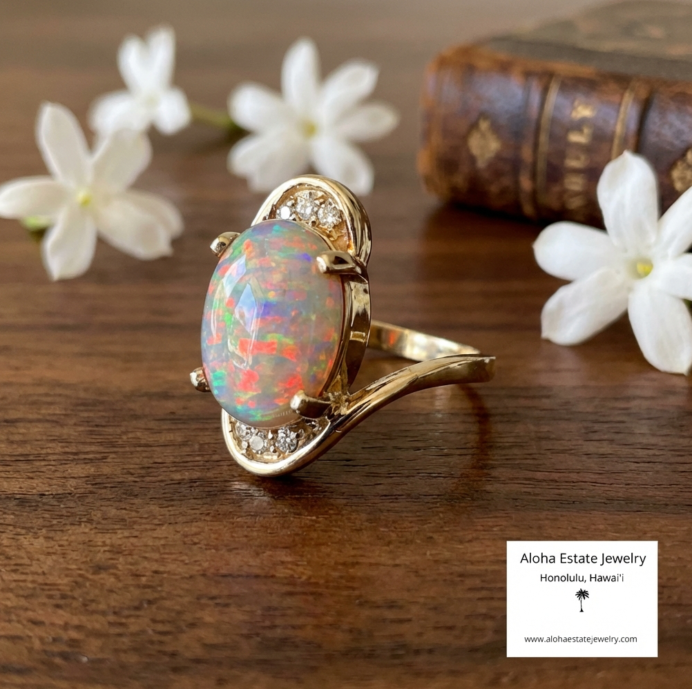 Lightning Ridge Diamond-Accented Dark Opal Ring