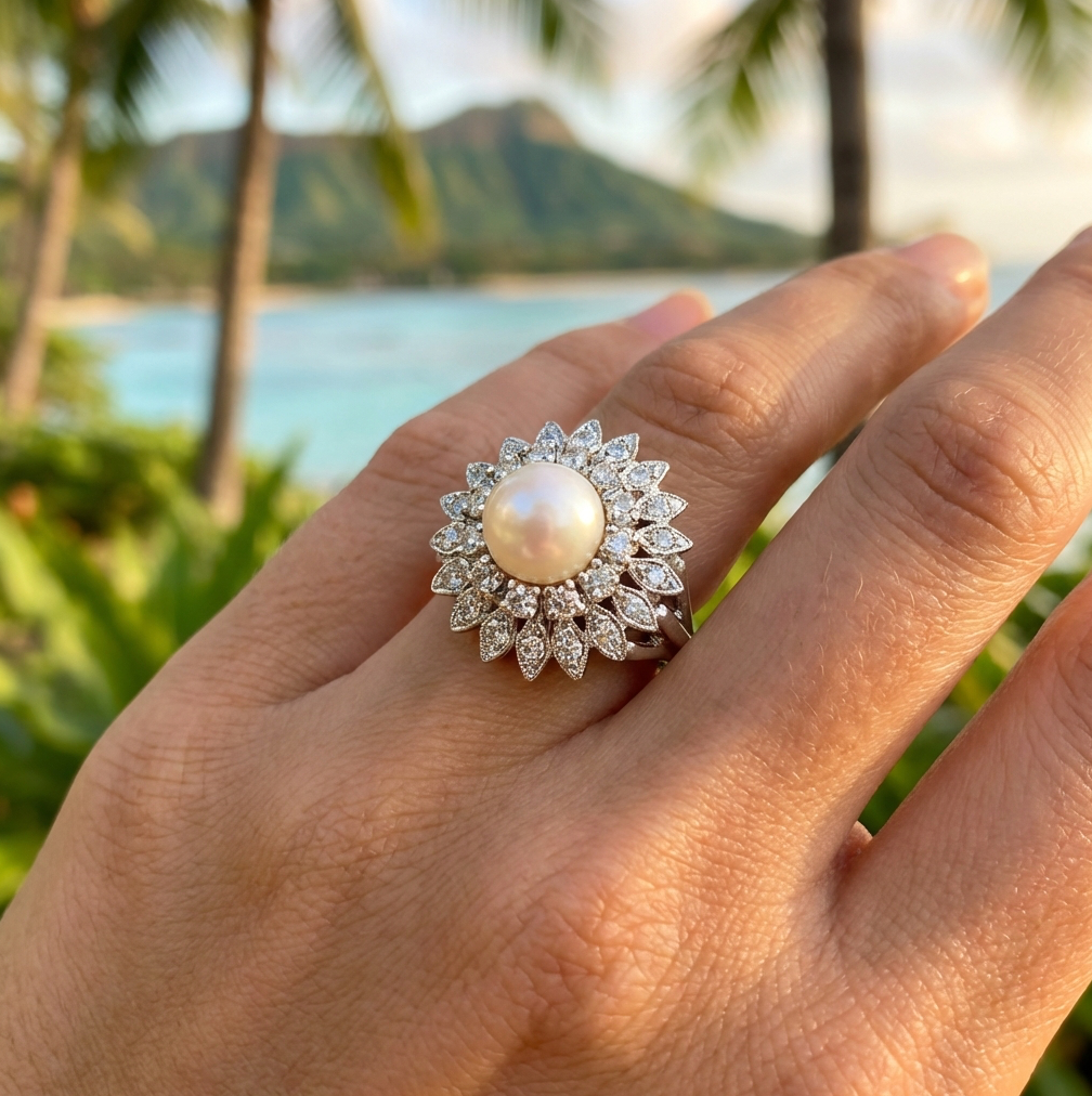 Vintage Pearl & Many Diamonds Dinner Ring