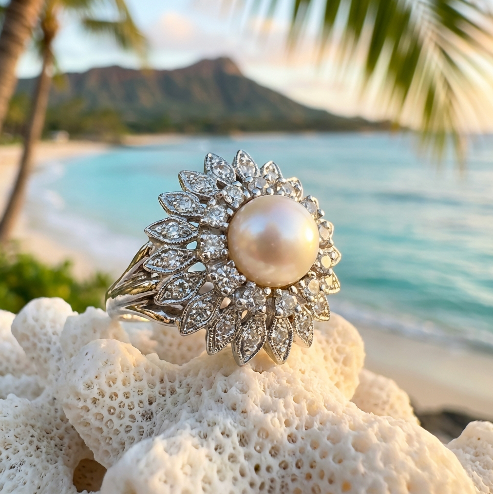 Vintage Pearl & Many Diamonds Dinner Ring