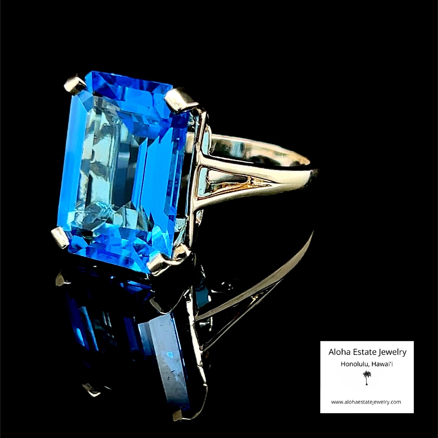 13.50-Carats Emerald Cut Swiss Blue Topaz Statement Ring