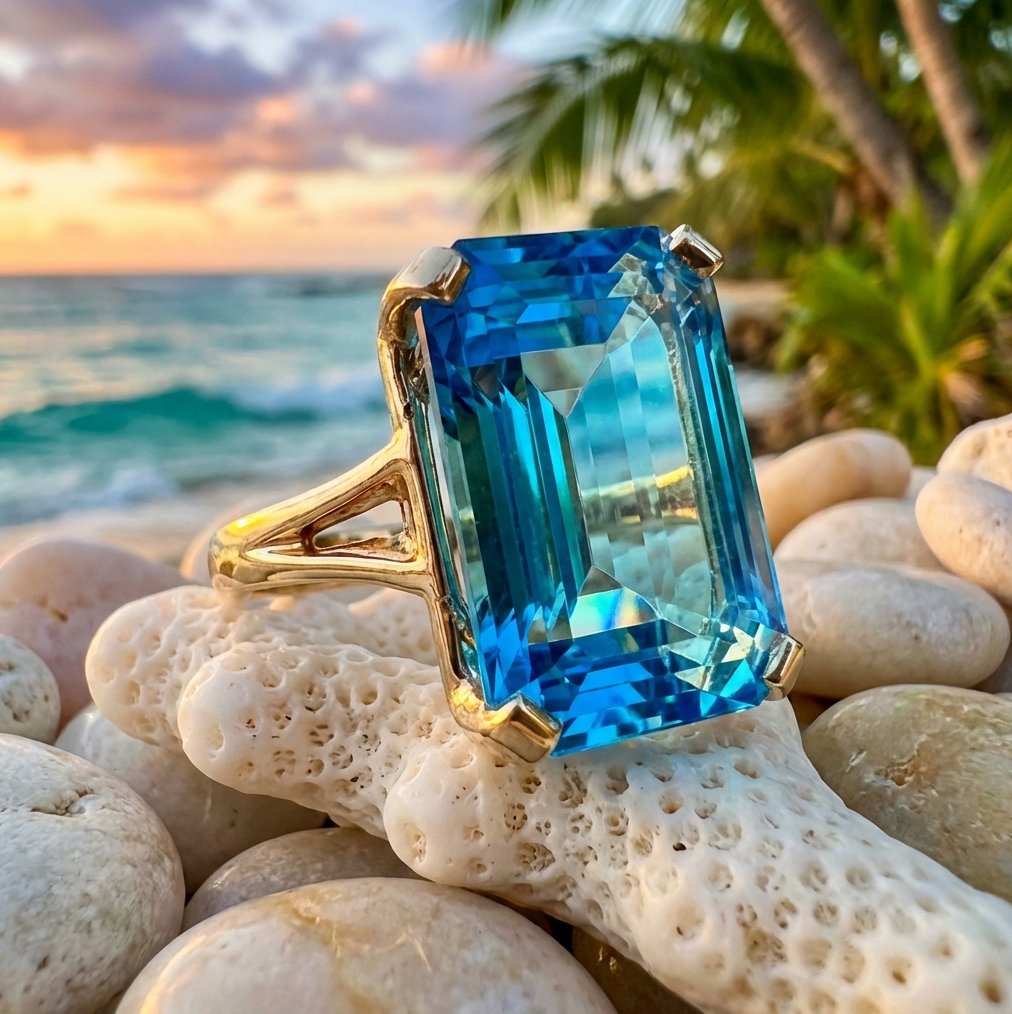 13.50-Carats Emerald Cut Swiss Blue Topaz Statement Ring