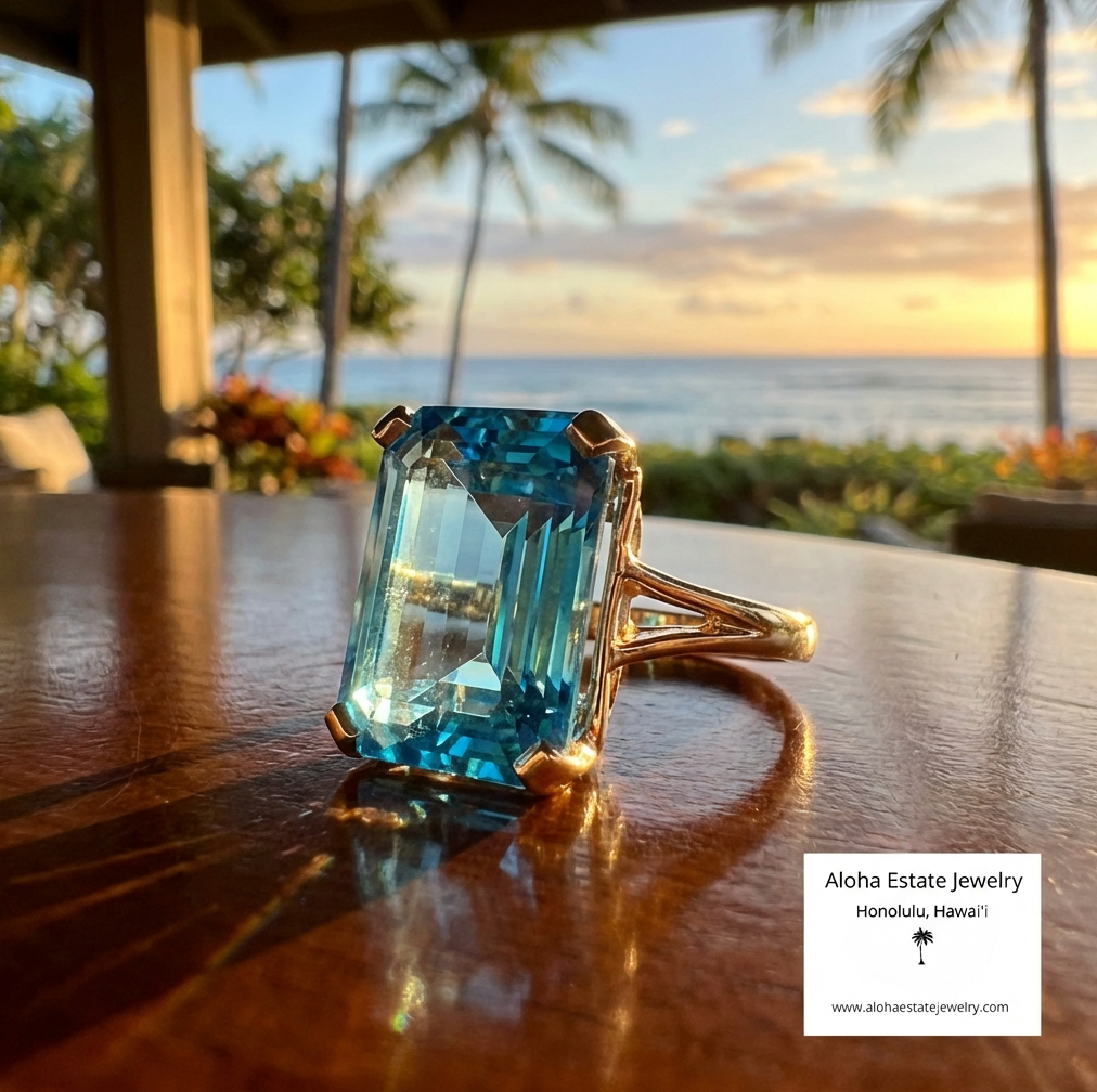 13.50-Carats Emerald Cut Swiss Blue Topaz Statement Ring
