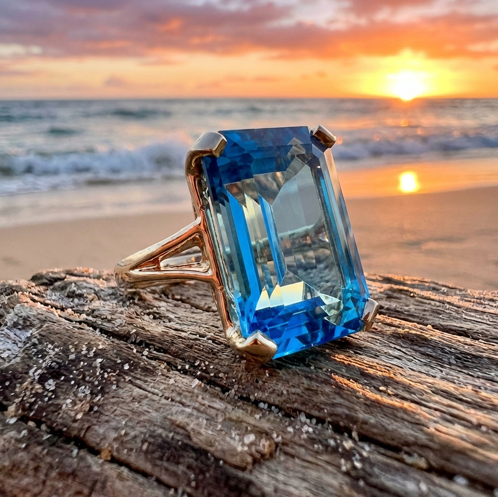 13.50-Carats Emerald Cut Swiss Blue Topaz Statement Ring