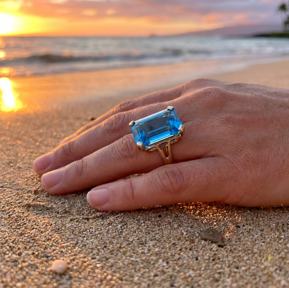 13.50-Carats Emerald Cut Swiss Blue Topaz Statement Ring