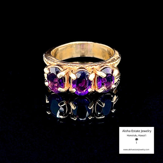 14K Vintage 3-Stone Luxury Amethyst  Ring