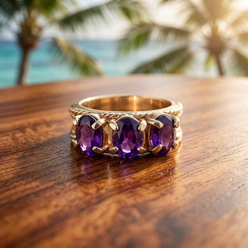 14K Vintage 3-Stone Luxury Amethyst  Ring