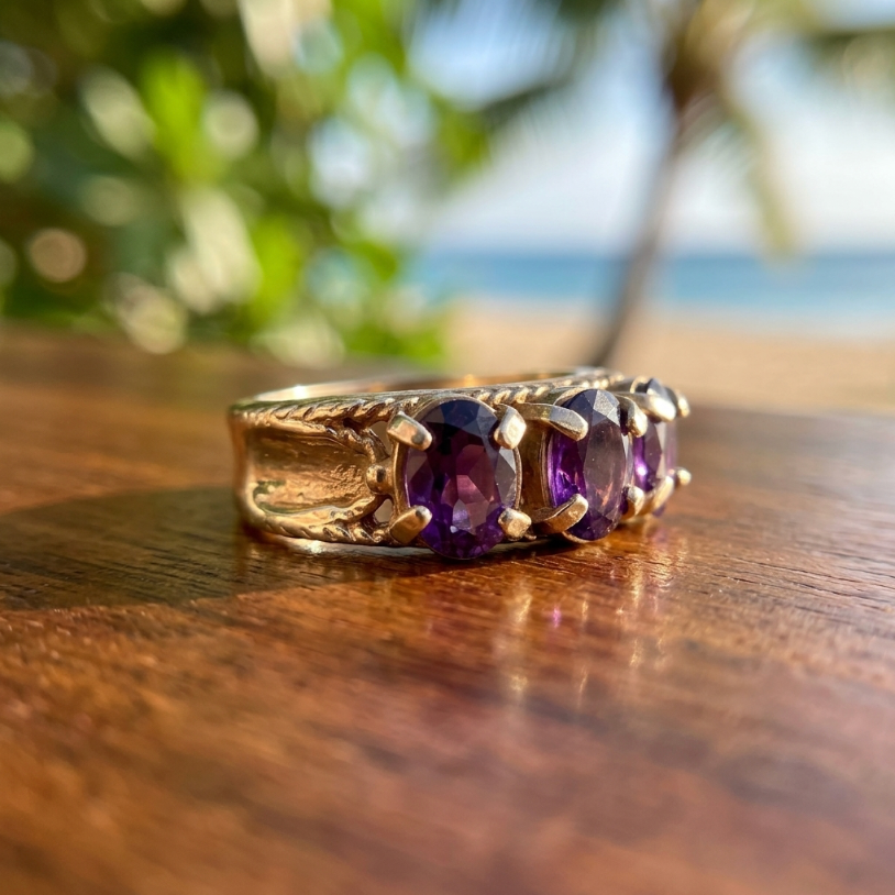 14K Vintage 3-Stone Luxury Amethyst  Ring