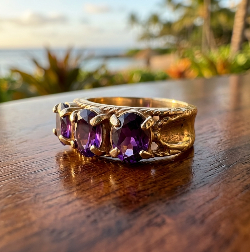 14K Vintage 3-Stone Luxury Amethyst  Ring